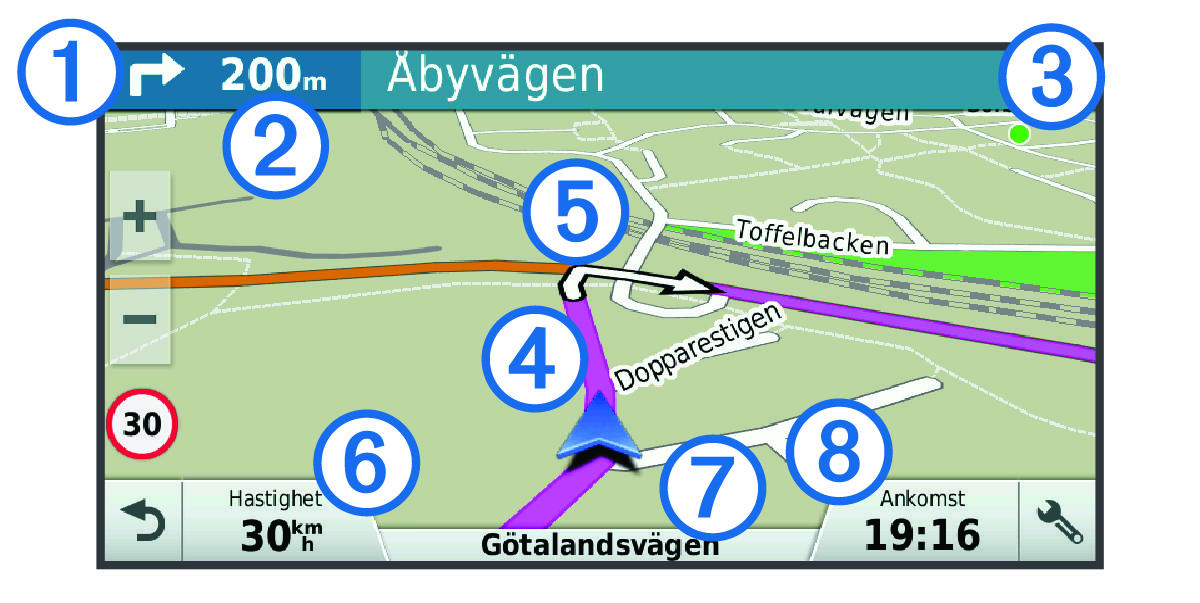 Active route on the navigation map with callouts.