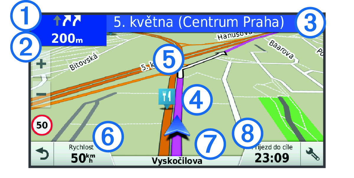 Active route on the navigation map with callouts