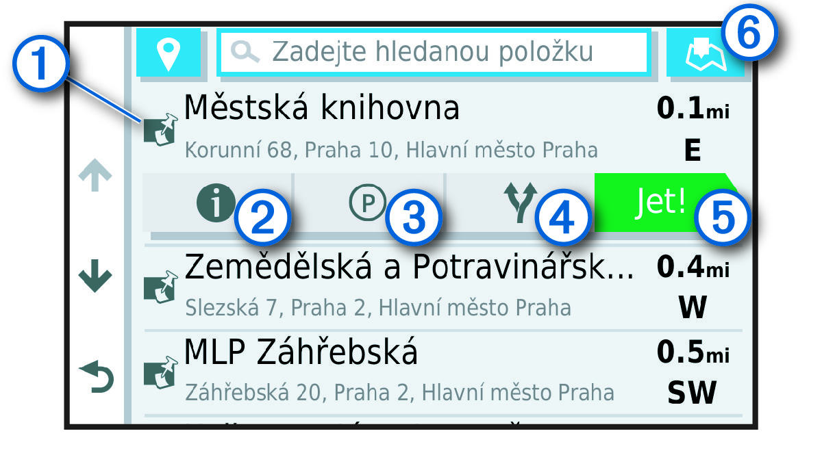 Výsledky vyhledávání polohy s popisky