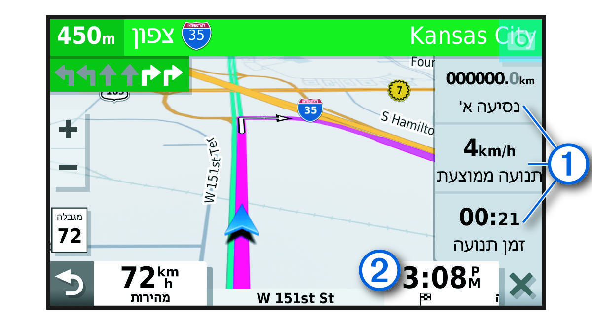 שדות נתוני נסיעה על-גבי המפה עם הסברים