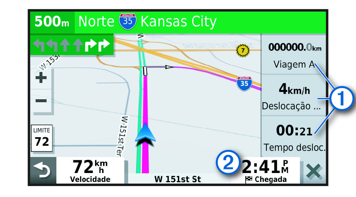 Campos de dados de viagem no mapa com anotações