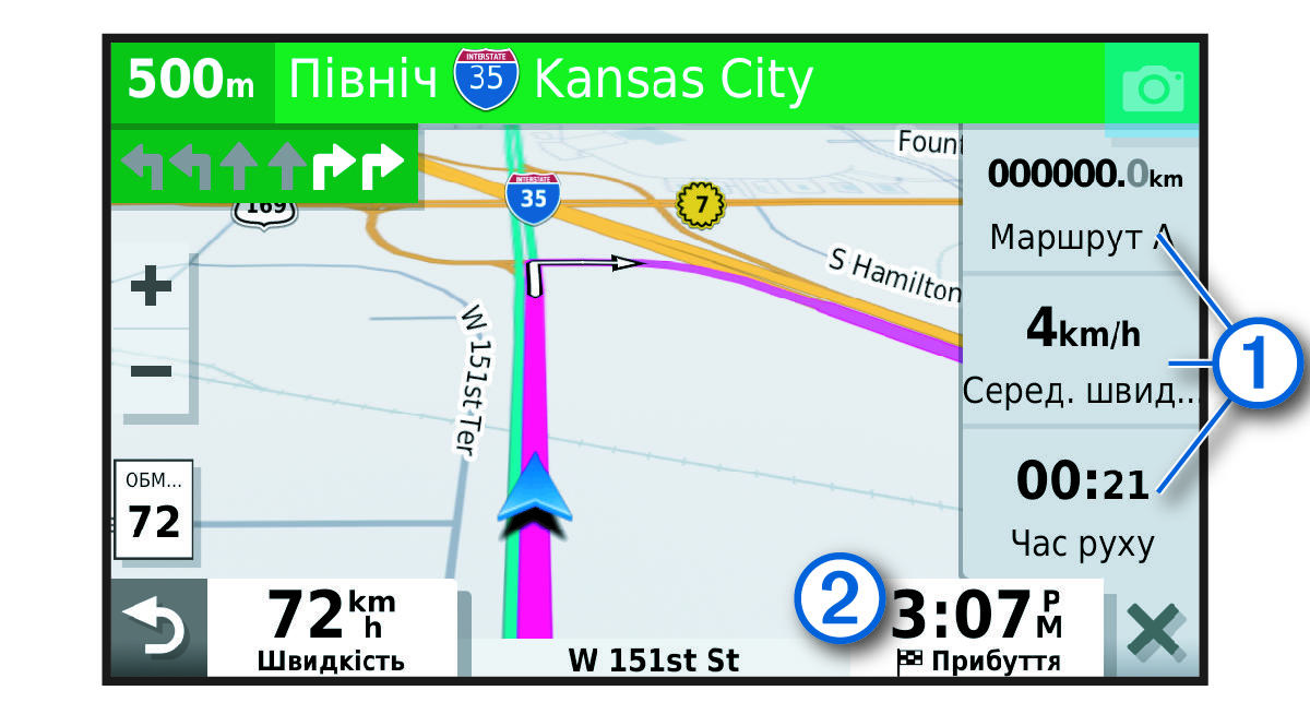 Поля даних маршруту на карті, з позначеннями