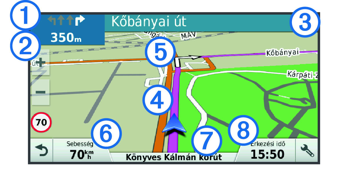 Active route on the navigation map with callouts