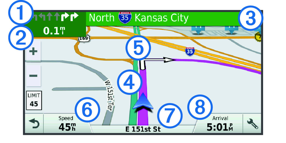 Active route on the navigation map with callouts