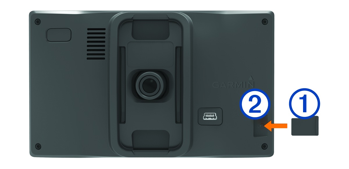 Camera memory card installation with callouts. The slot is located on the back of the device, in the lower-right corner.