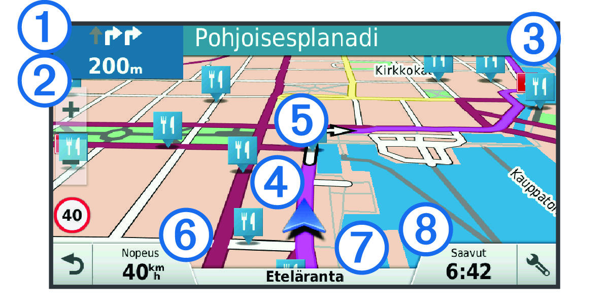 Active route on the navigation map with callouts