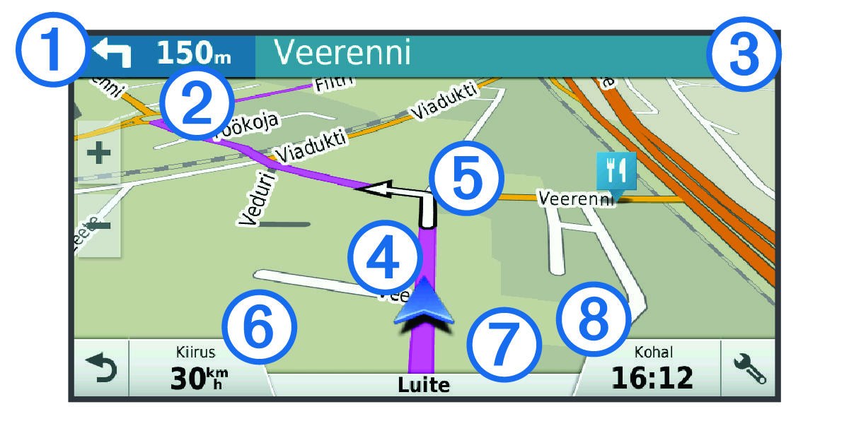 Active route on the navigation map with callouts.