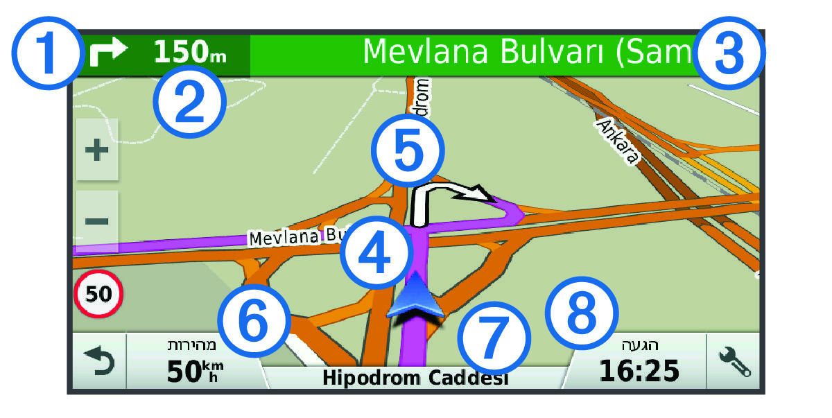 Active route on the navigation map with callouts.