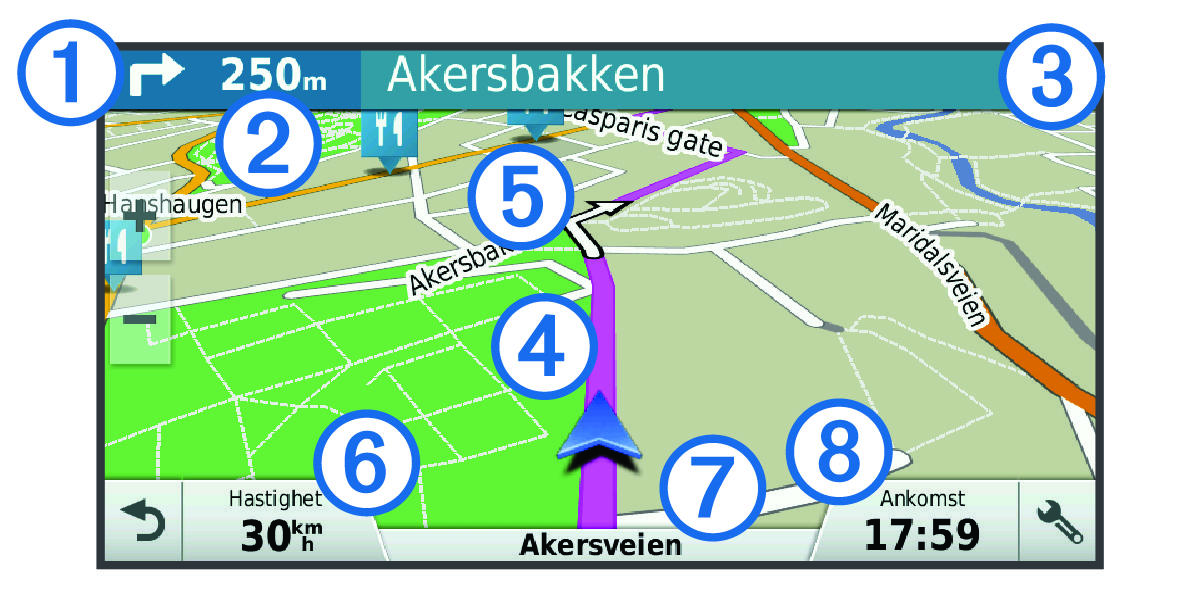 Active route on the navigation map with callouts.