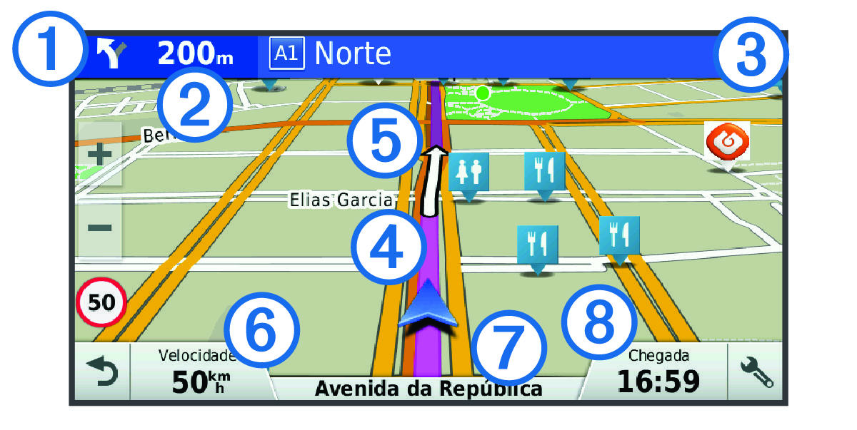Active route on the navigation map with callouts.