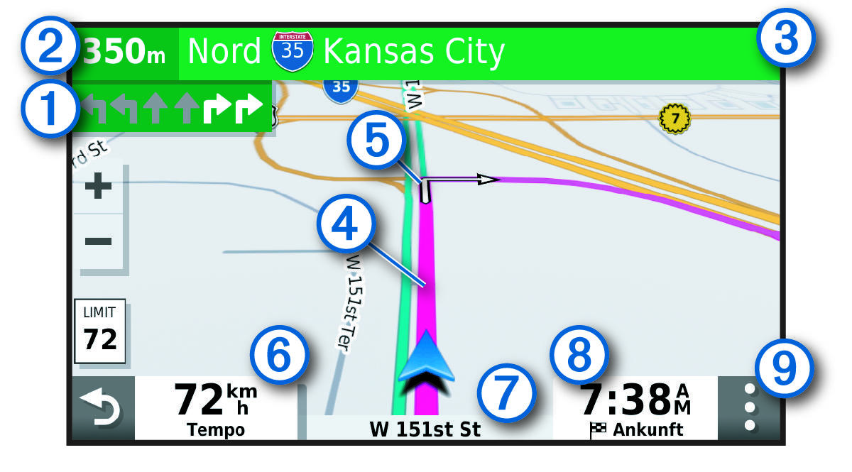 Aktive Route auf einer Navigationskarte mit Beschriftungen