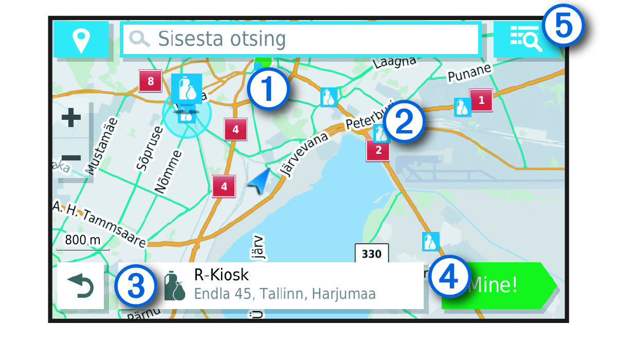 Asukohaotsingu tulemused kaardil koos viiktekstidega
