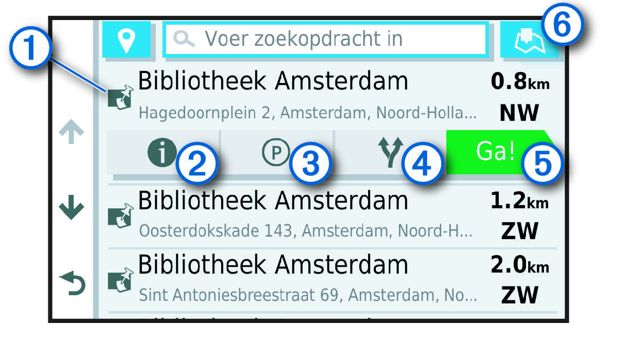 Lijst met zoekresultaten voor locatie met toelichtingen