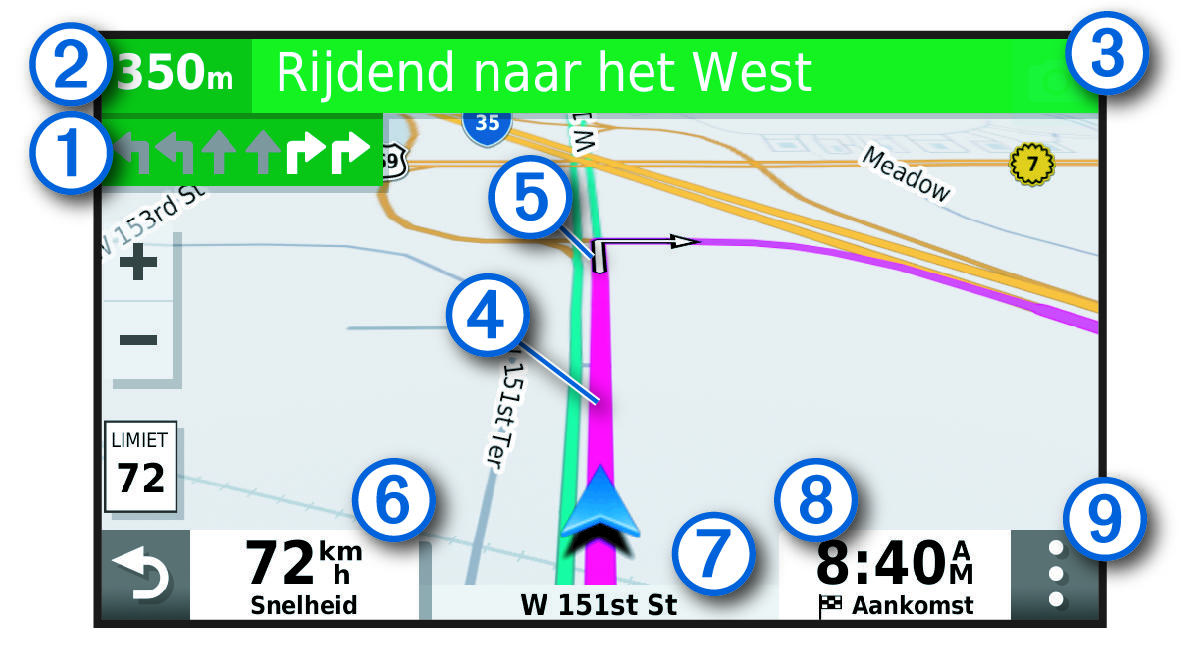 Actieve route op een navigatiekaart met toelichtingen