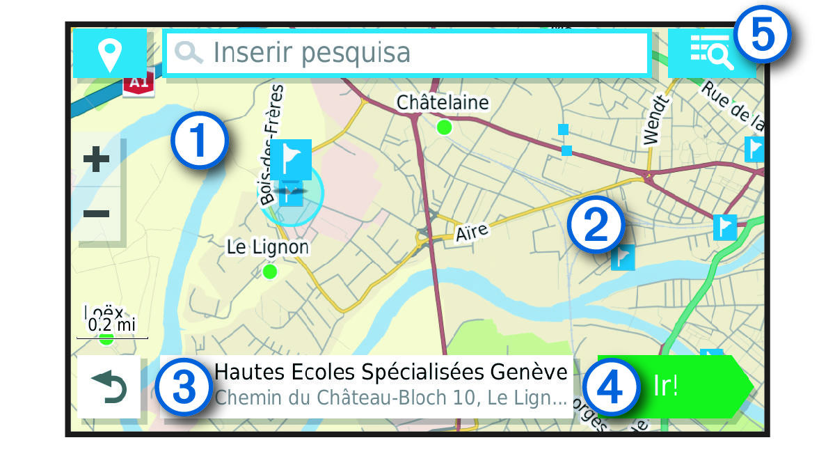 Resultados da pesquisa de local em um mapa com legenda