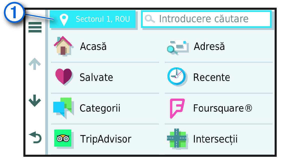 Captură de ecran cu butonul de selectare a zonei de căutare, cu explicaţii