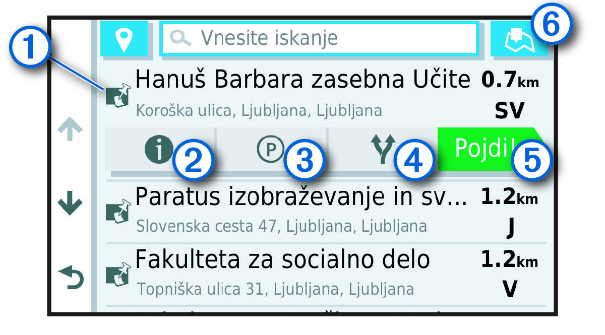 Seznam rezultatov iskanja lokacije z oblački