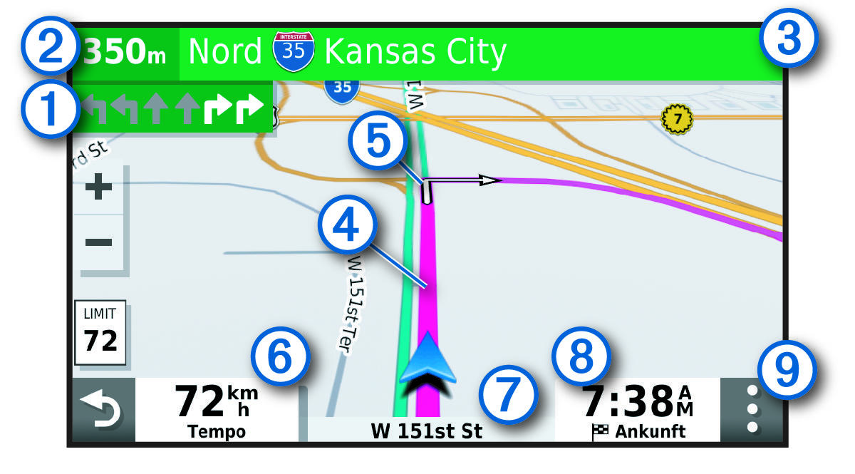 Active route on a navigation map with callouts