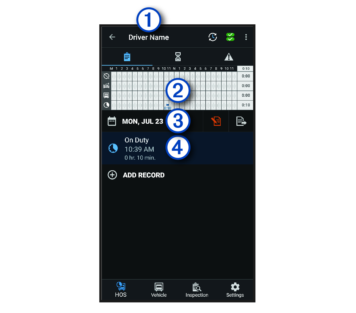 Garmin eLog app overview with callouts