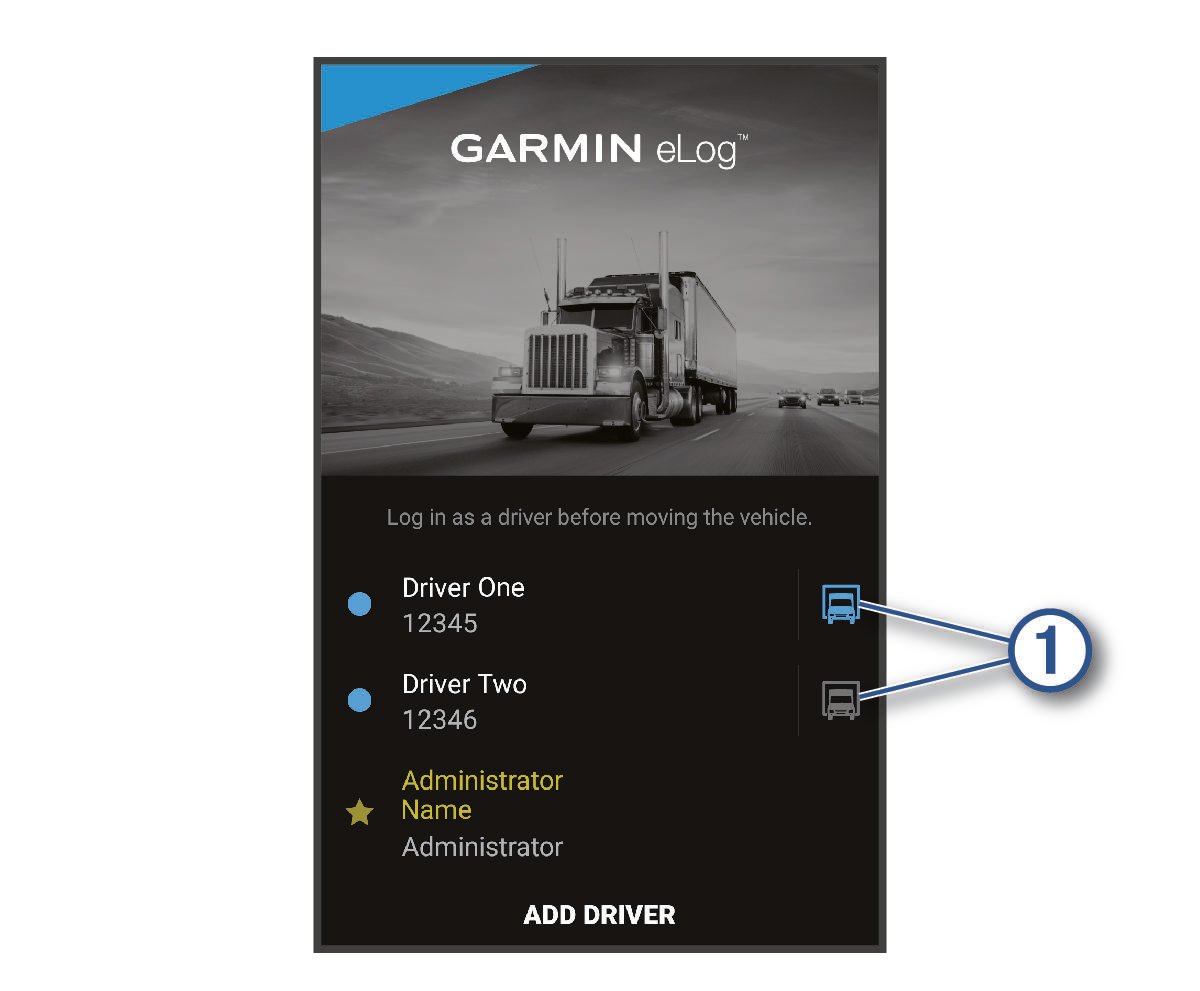 Garmin eLog app main menu with a callout