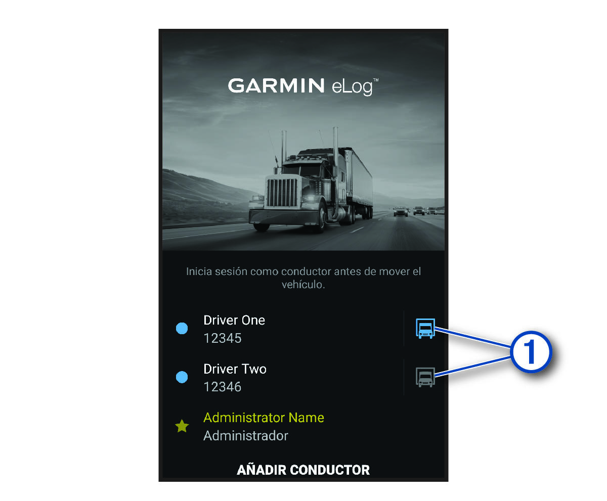 Garmin eLog app main menu with a callout