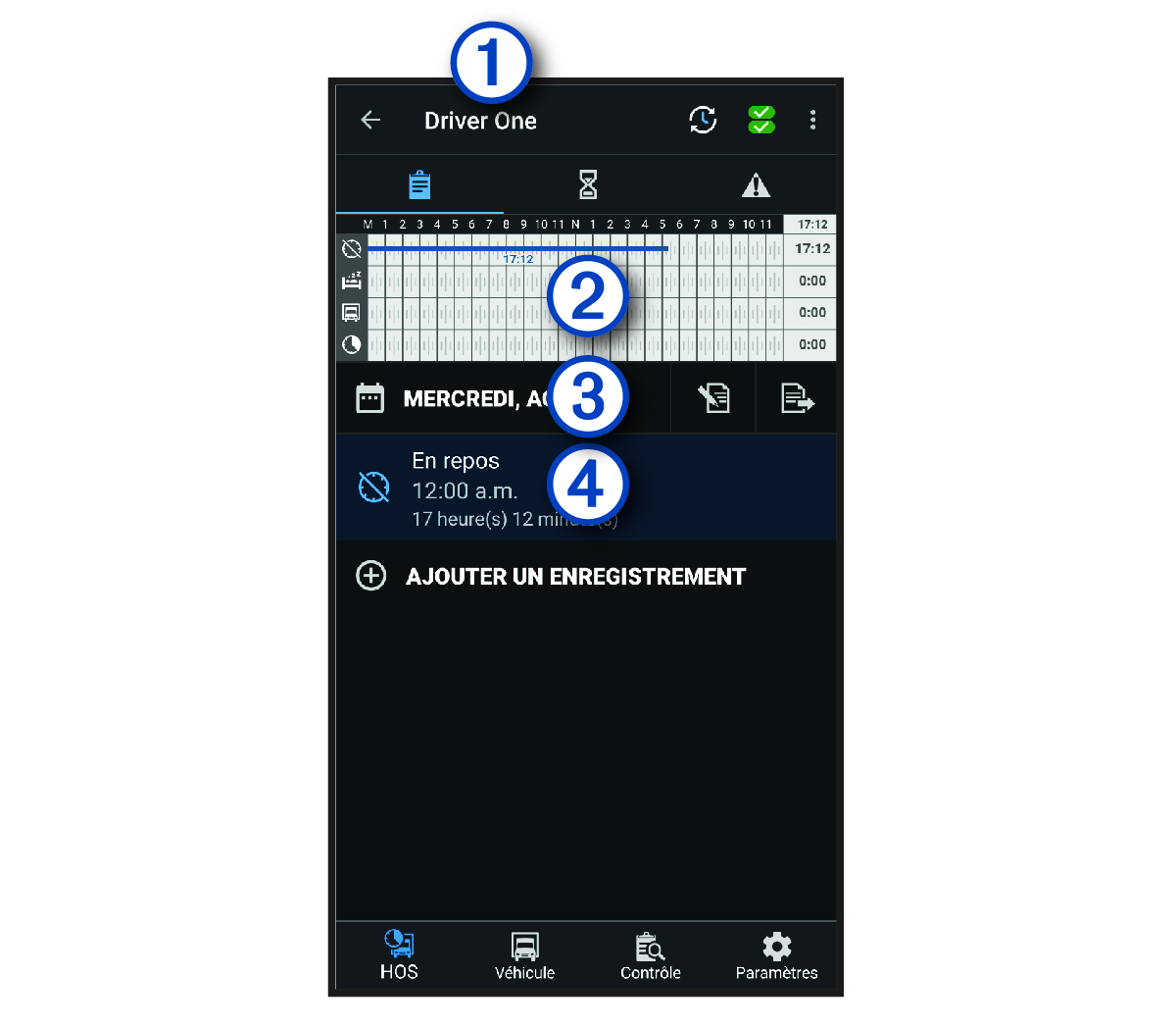 Garmin eLog app overview with callouts