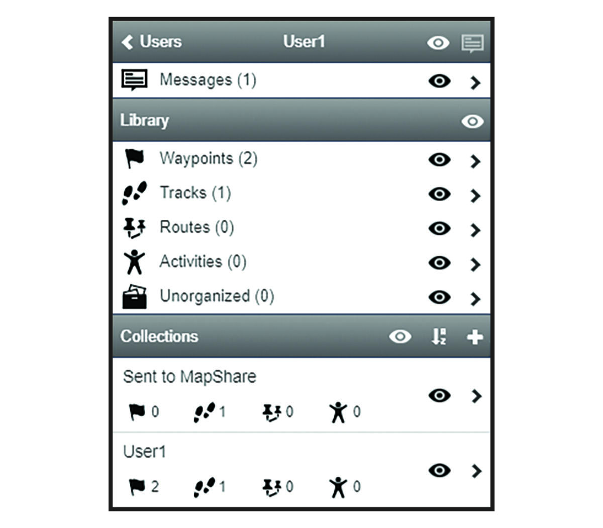 Screenshot of user messages, library, and collections