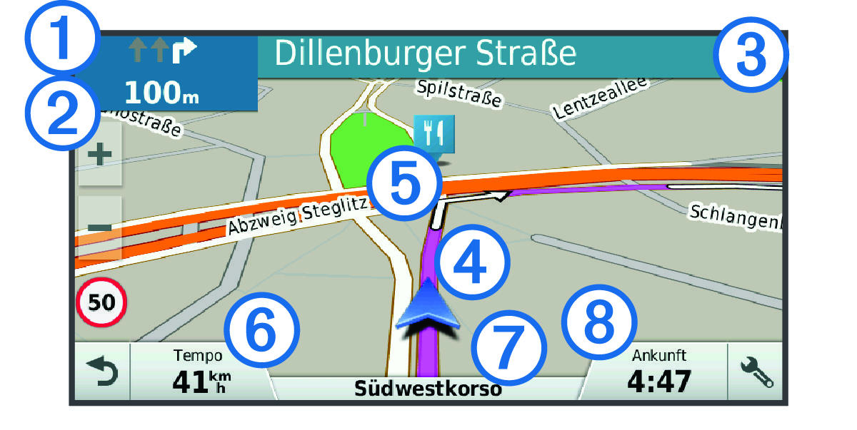 Route auf der Karte mit Beschriftungen