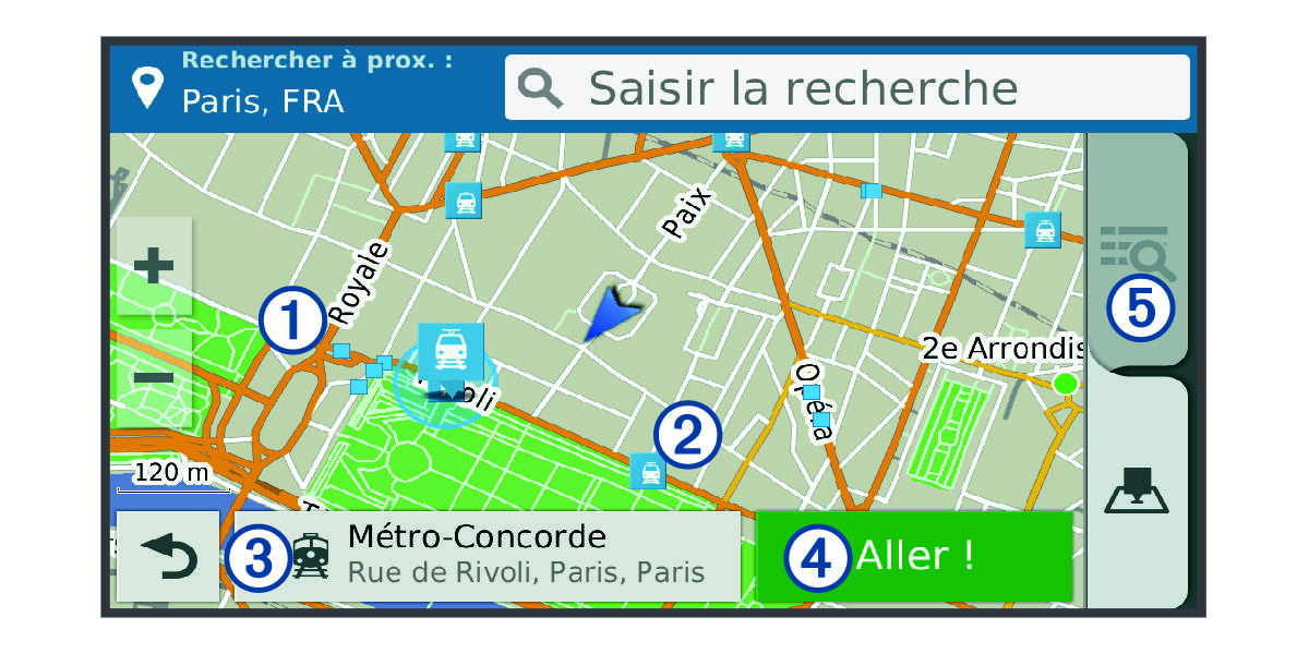 Résultats de recherche de position sur la carte avec légendes