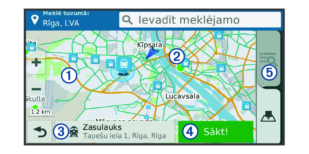 Atrašanās vietas meklēšanas rezultāti kartē ar remarkām