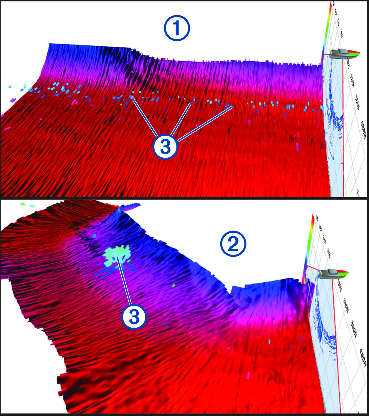 Visualização do sonar histórico RealVü 3D truemotion com legendas