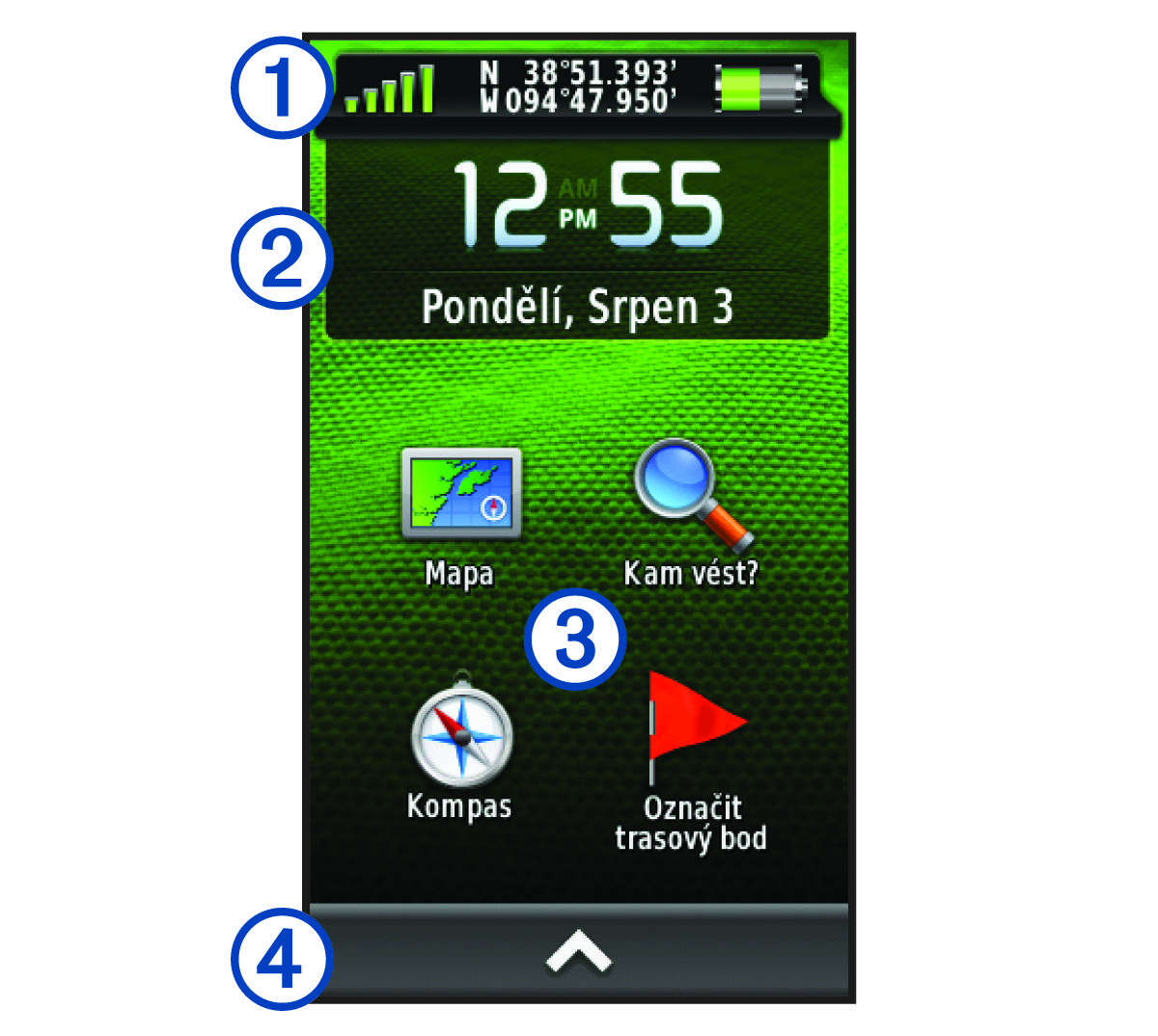 Main menu screen with callouts