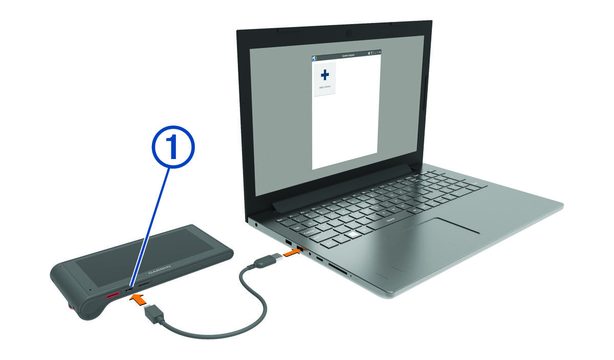 Device connecting to a laptop with a USB cable and a callout