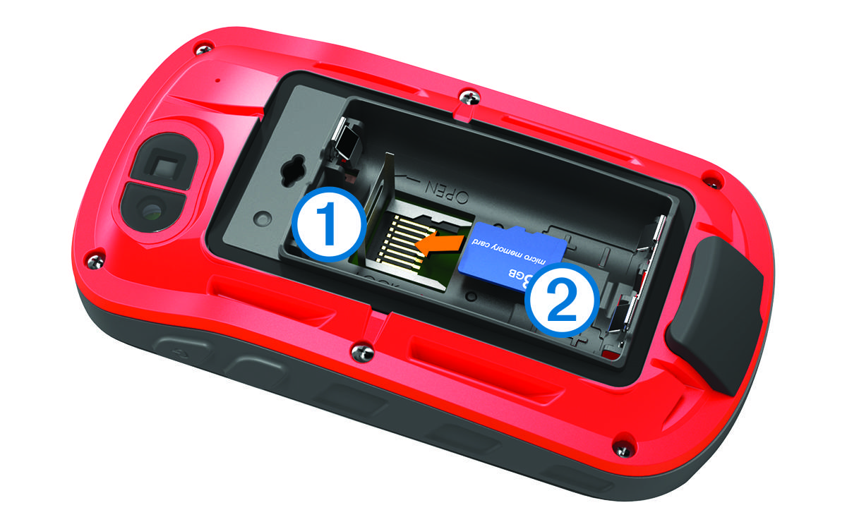 Close-up view of the memory card being installed into the card holder with callouts