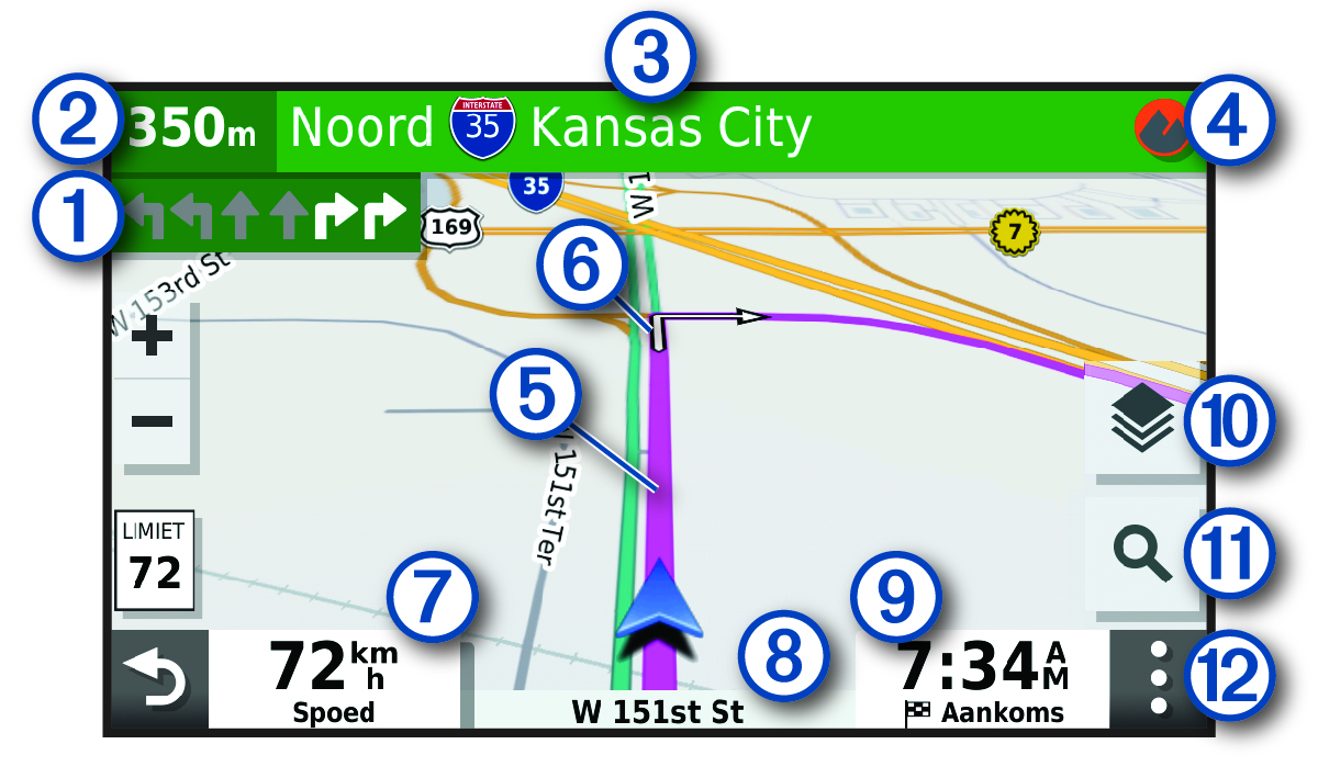 Aktiewe roete op ’n navigasiekaart met byskrifte