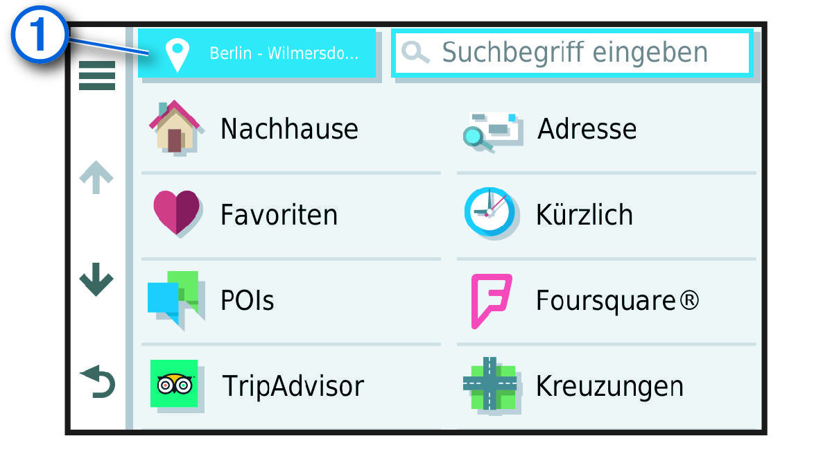 Option "Suchgebiet ändern" im Menü "Zieleingabe" mit Beschriftung