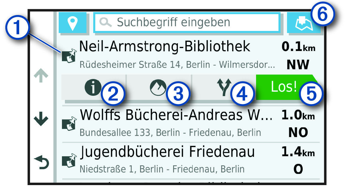 Liste mit Suchergebnissen mit Beschriftungen