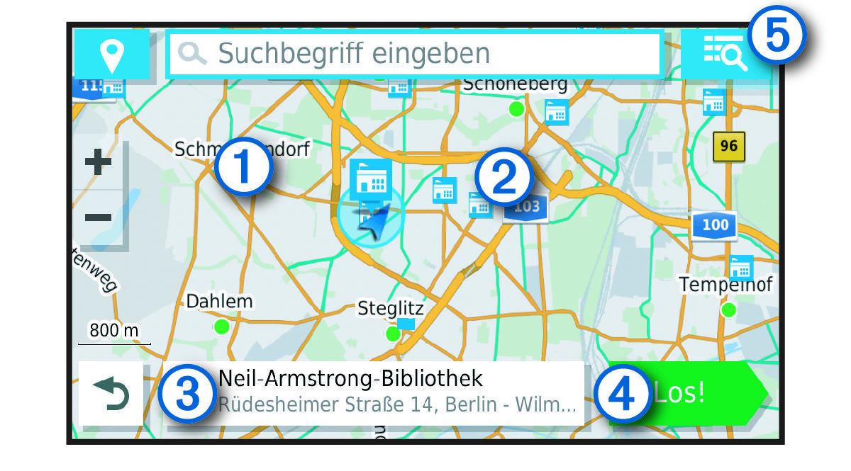 Karte mit Suchergebnissen mit Beschriftungen