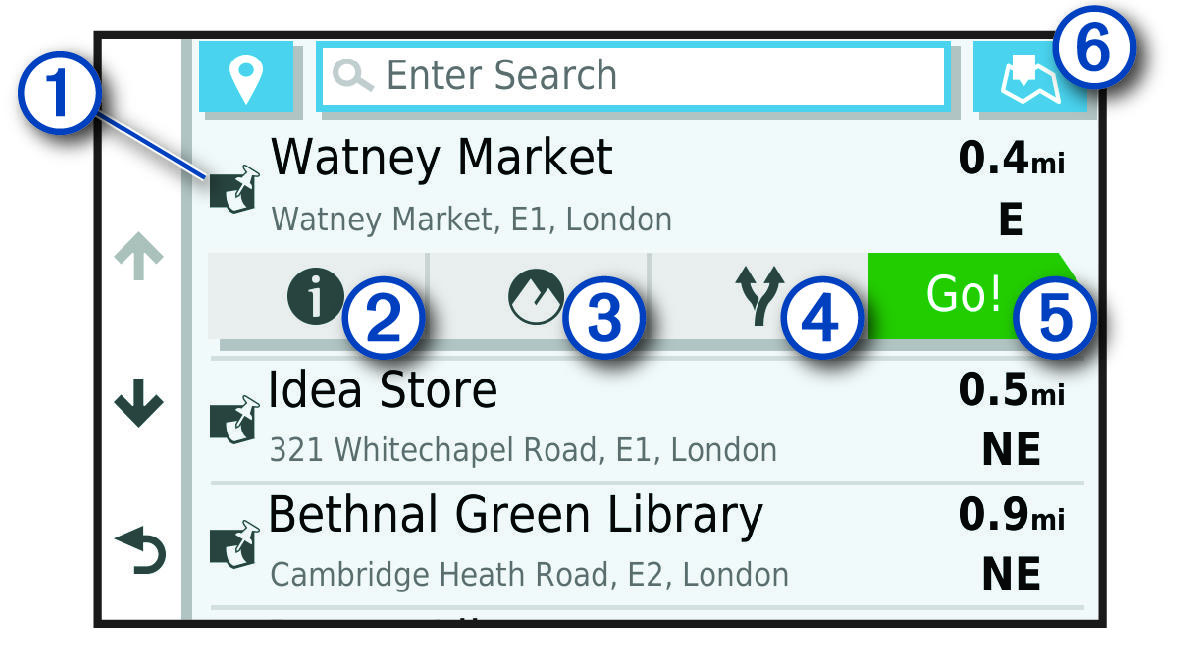 Search results list with callouts