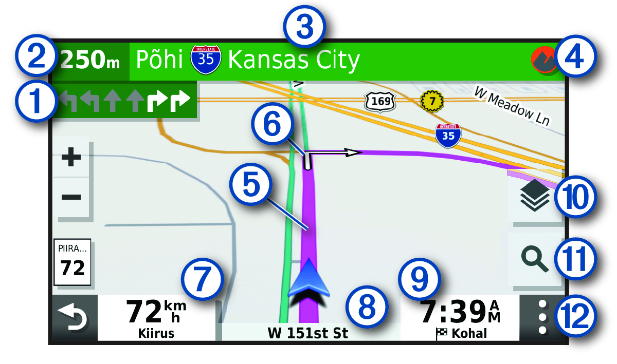 Aktiivne marsruut navigatsioonikaardil koos tähistega