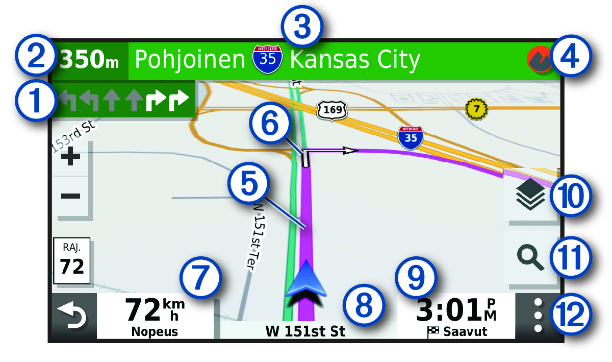 Aktiivinen reitti navigointikartassa ja numerot