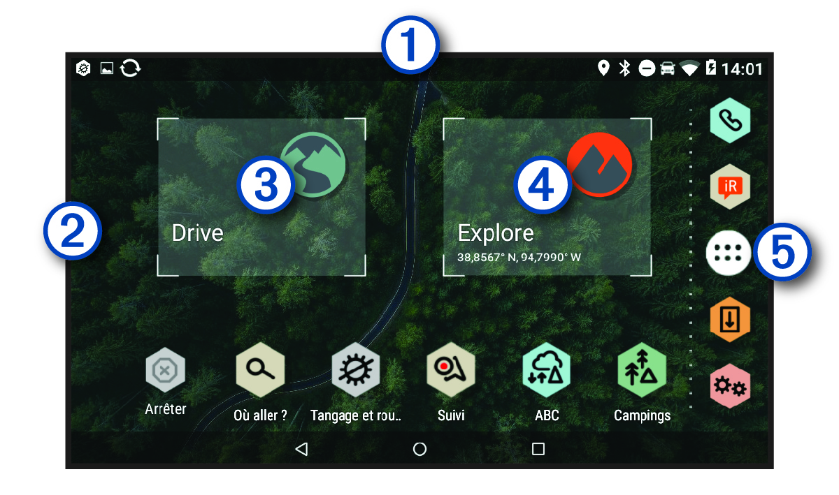 Écran d'accueil avec légendes