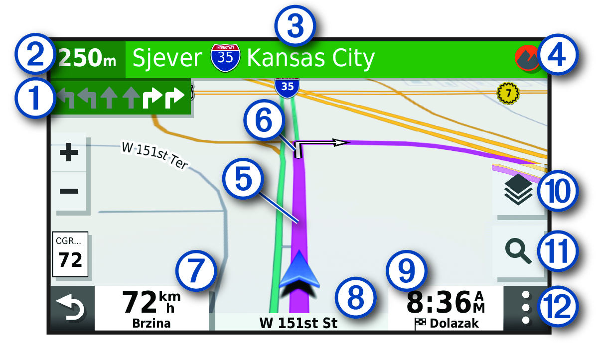 Aktivna ruta na navigacijskoj karti s legendom