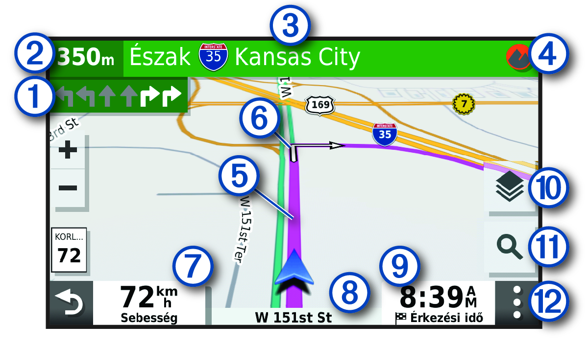 Aktív útvonal egy navigációs térképen, jelölésekkel