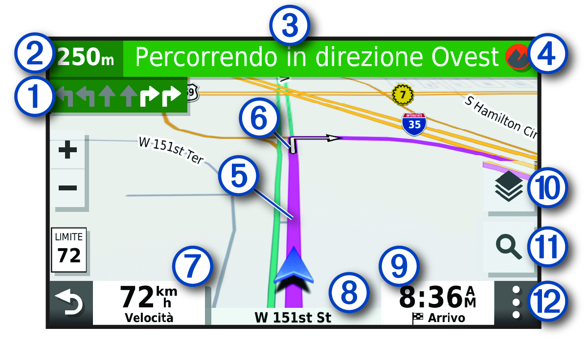 Percorso attivo su una mappa di navigazione con annotazioni