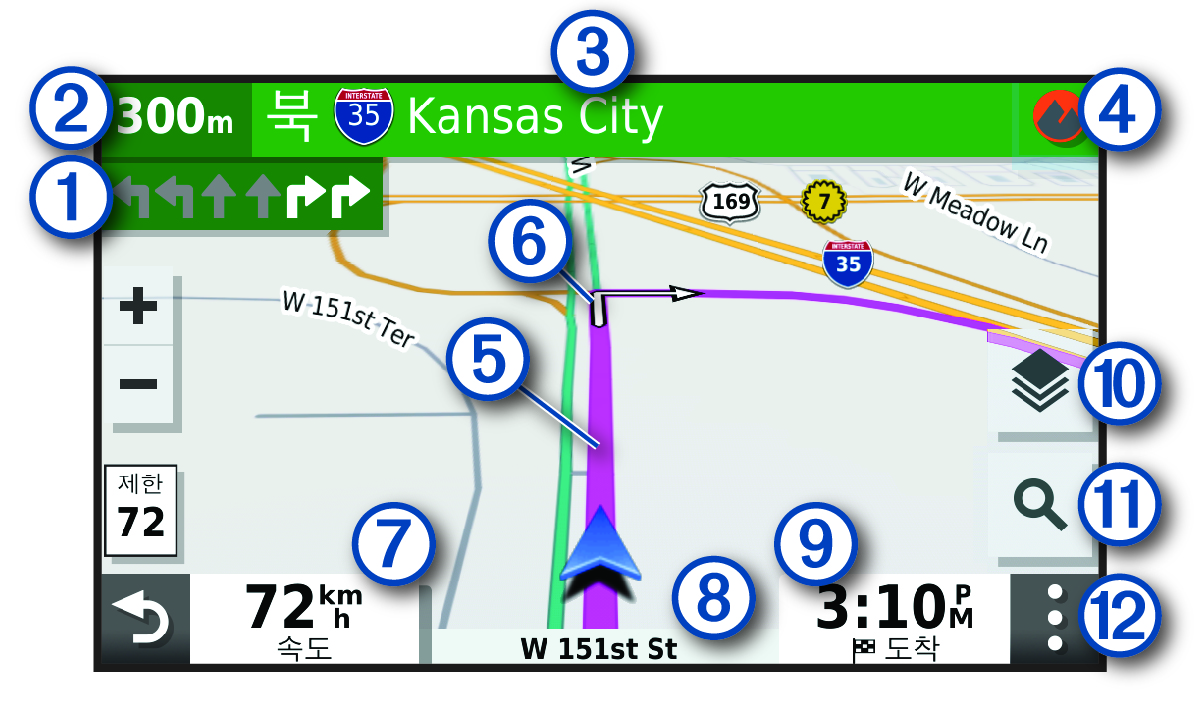 설명선이 있는 내비게이션 지도의 활성 루트