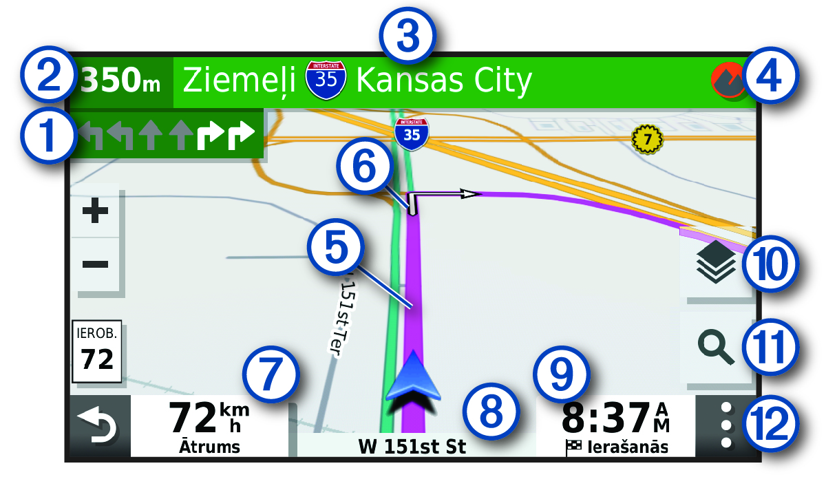 Aktīvs maršruts navigācijas kartē ar remarkām