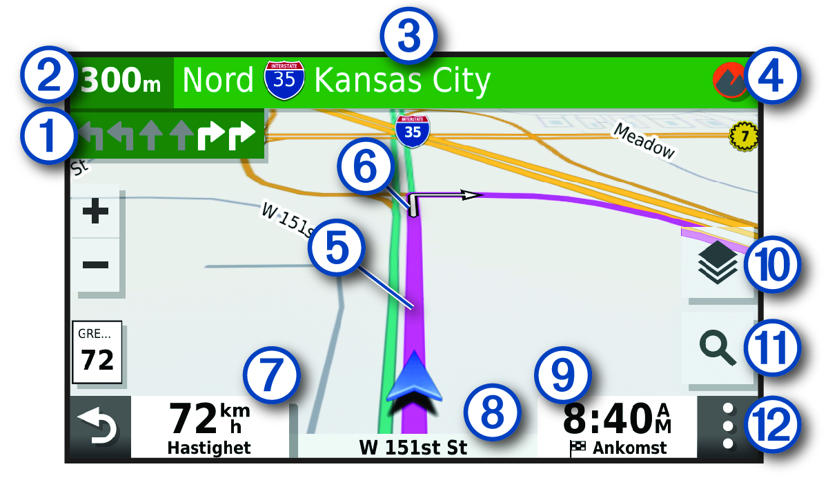 Aktiv rute på et navigasjonskart med merknader
