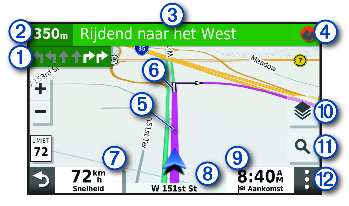 Actieve route op een navigatiekaart met toelichtingen