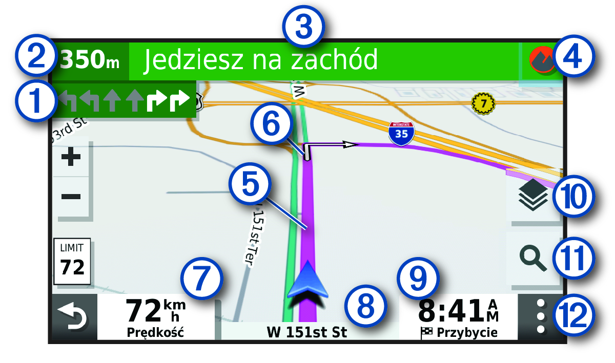 Aktywna trasa na mapie nawigacyjnej z objaśnieniami